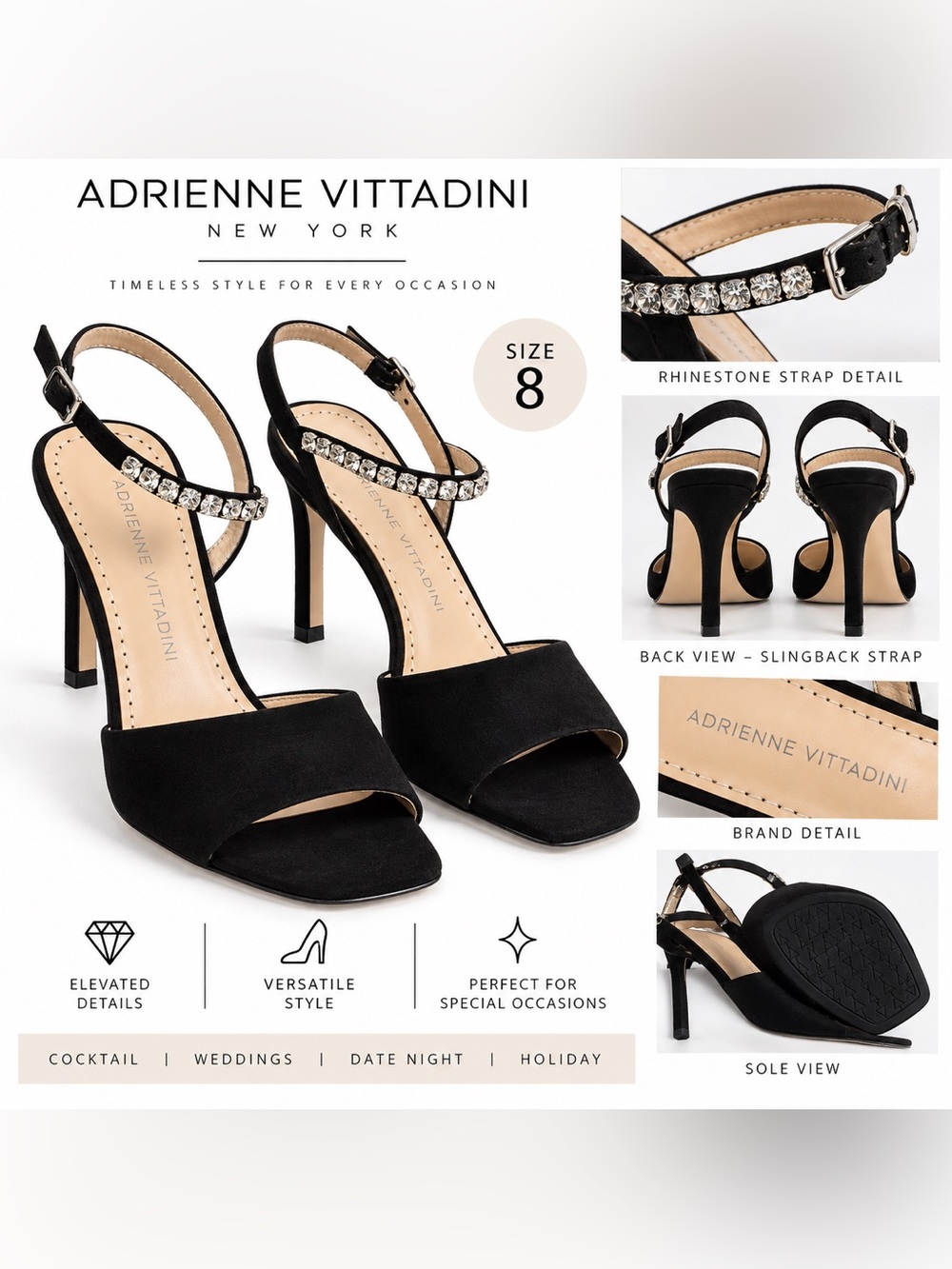 Adrienne Vittadini Black Open-Toe Rhinestone Slingback Heels